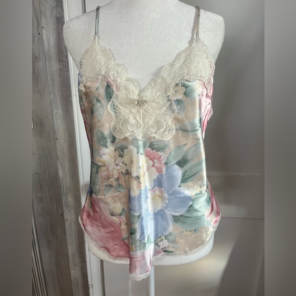Vintage pastel Floral Lace Trim Chemise Camisole Top size 34 fairy y2k coquette - Picture 1 of 8